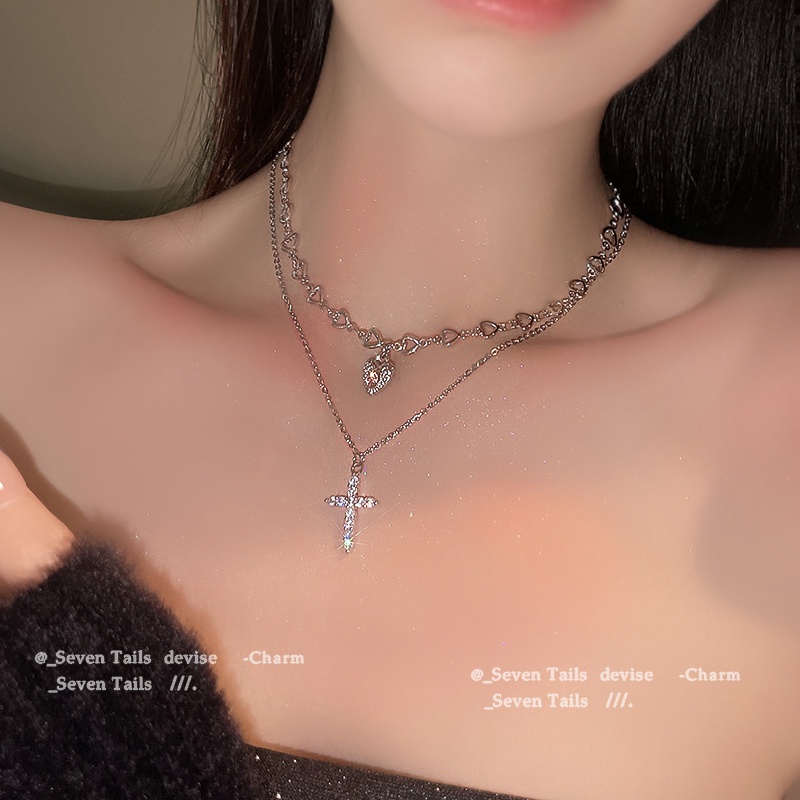 AY(CN) Kalung Rantai Choker Liontin Salib Hati Aksen Kristal Warna Pink Untuk Wanita