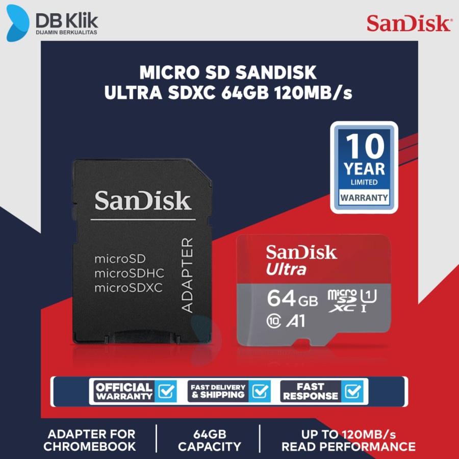 Micro SD SanDisk Ultra SDXC 64GB 120MB/s with Adapter for Chromebook