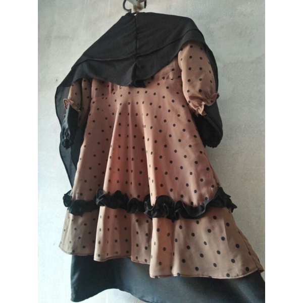 GAMIS SYAR'İ ANAK SET BAJU DAN HIJAB, GAMIS MOTIF POLKADOT, GAMIS BAHAN SERUTY,GAMIS ANAK 3 5 TH,GAM