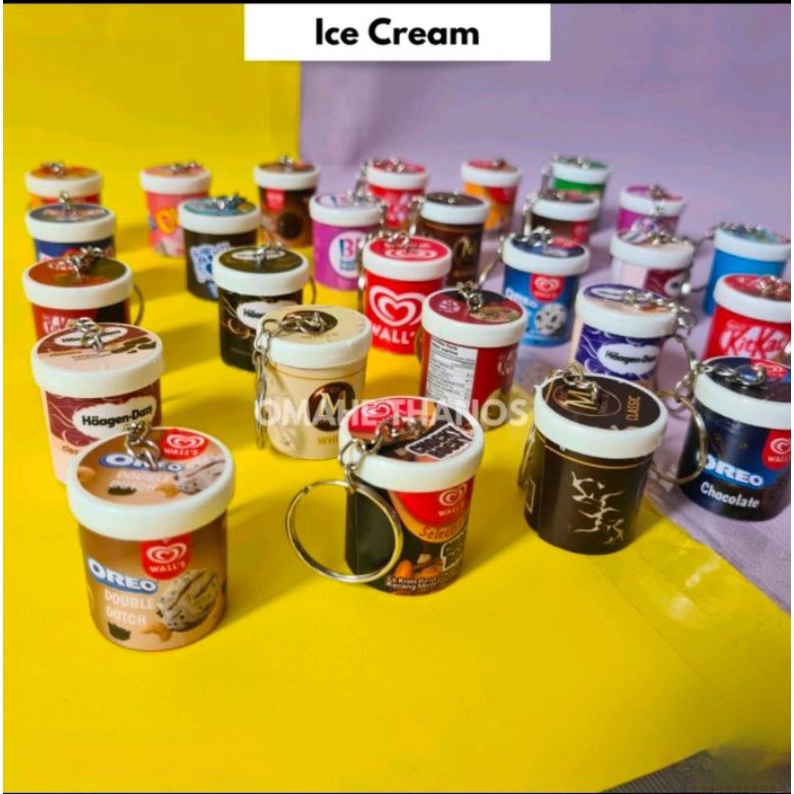 Gantungan Kunci Miniatur Ice Cream Cup, BOBA, Eskrim, makanan kaleng, Susu dll