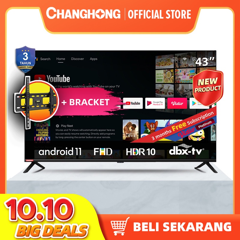 Changhong 43 Inch Newest Android 11 Frameless Smart TV Google certified  Digital TV FHD LED TV-L43G7N FREE BRACKET