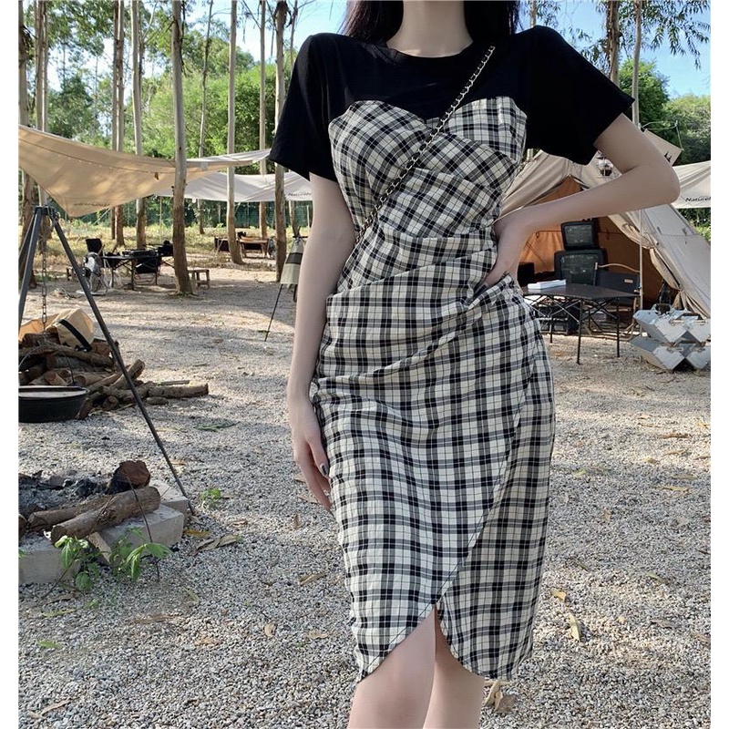 [Llittlecrab] Dress Motif Kotak-Kotak Hitam Putih Fishtail Simple Kasual Elegan Long Dress Sexy Square Pattern Motif Unik Berkualitas Simply Korean Style Dress Pantai Piknik