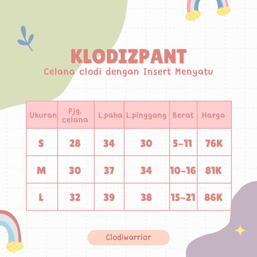 Klodiz Pant Clodi Insert Celana Menyatu Siap Pakai Popok Kain Cuci Ulang Ukuran K/S BB 5-11 kg