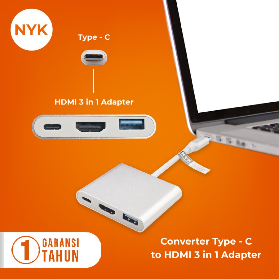 Kabel Converter 3 in 1 USB Type C To HDMI 4K Multiport Adapter Cable