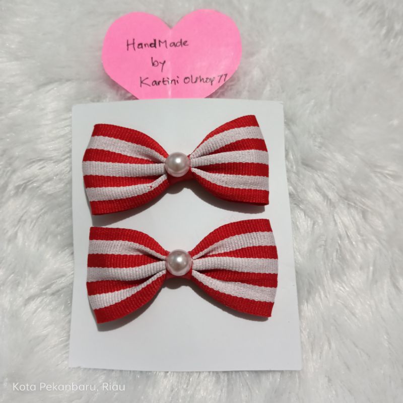 2pcs/Set Jepit Rambut Anak Mutiara Korea Strip Merah Putih