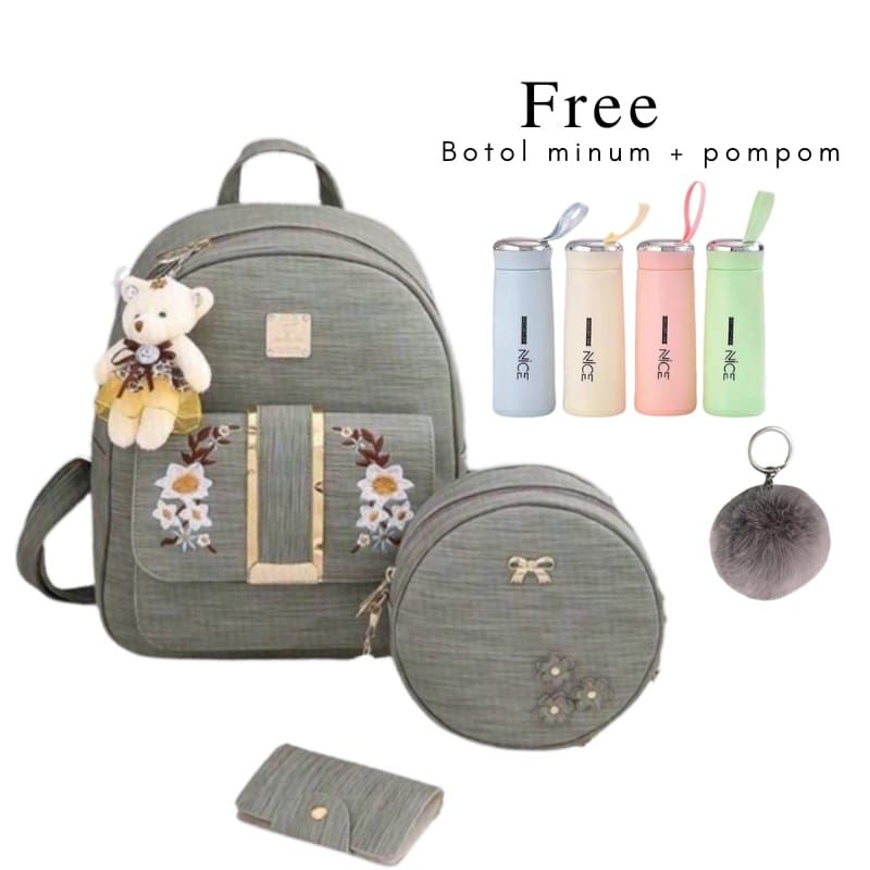 (COD)Backpack Golden Flower 3in1 Tas Ransel Ala Korea Termurah Ransel Kasual Wanita Tas Kulit Kualitas Tinggi