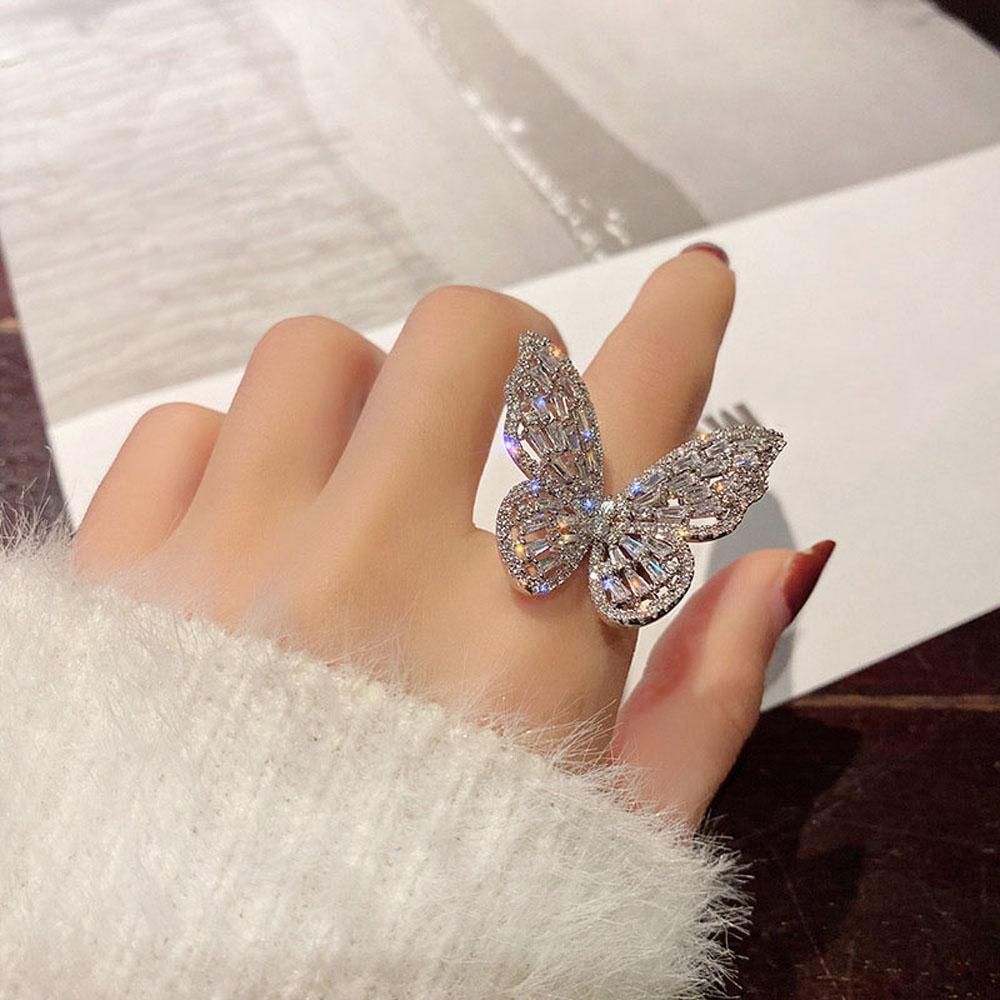 Needway Cincin Elegan Mengkilap Pernikahan Hadiah Pesta Untuk Wanita Kupu-Kupu Cubic Zirconia Fashion Perhiasan Yang Dapat Disesuaikan