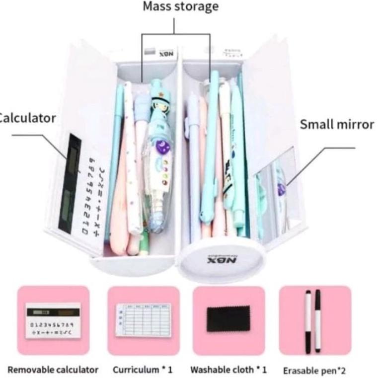 

[KODE PRODUK VTNW77880] Tempat pensil bentuk tabung karakter, ada whiteboard, kalkulator, spidol dan cermin