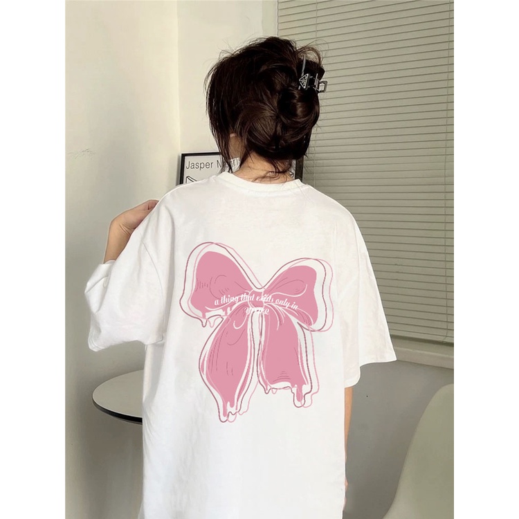 EUNII T-shirt Lengan Pendek Dasi Kupu-kupu Pencetakan Longgar Korean Style /Kaos Atasan Wanita/Baju Kaus Oversize Wanita