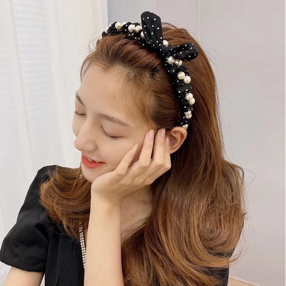 (Hello Girl)B30 Bando Wanita Bandana Mutiara Pita Gaya Korea Import