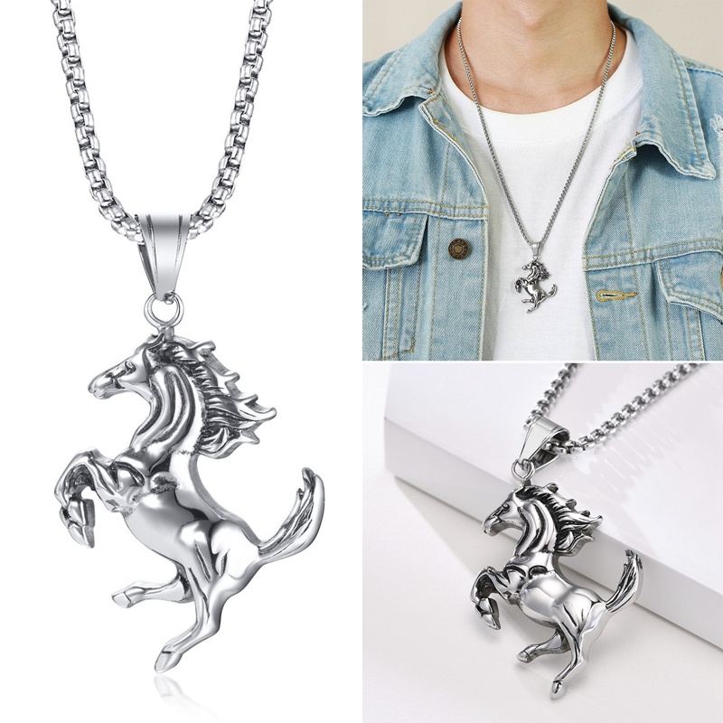 Kalung Rantai Liontin Kuda Tiga Dimensi Bahan Stainless Steel Gaya Vintage Untuk Pria