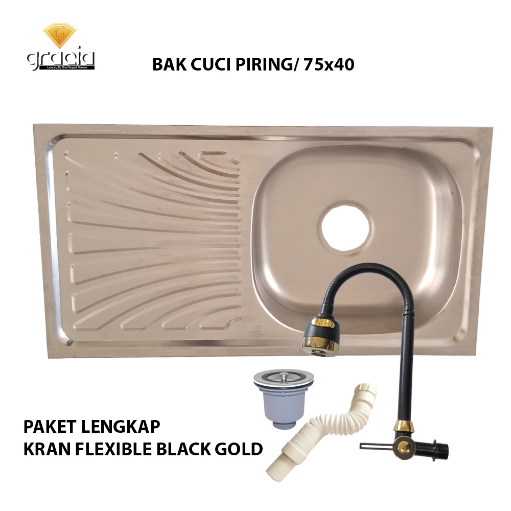 Bak/Wastafel Cuci Piring Stainless 75 x 40 cm Bak Cuci Piring Paket Lengkap Kran Minimalis Flexible