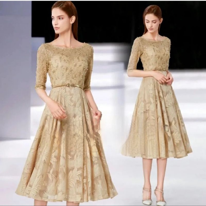 dress gold midi flare dress midi sleeve dress manik sequin glitter pearl dress emas gaun emas prewed