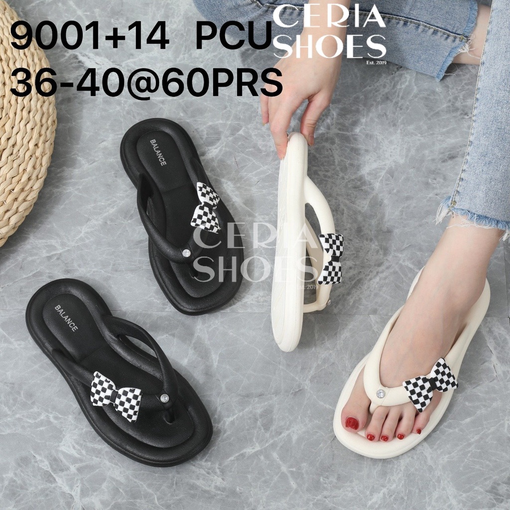 PVC Sandal Jepit Wanita Import BKK Super Soft Elastic Non-Slip Sole Rubber Motif Pita White in Black 9001-14