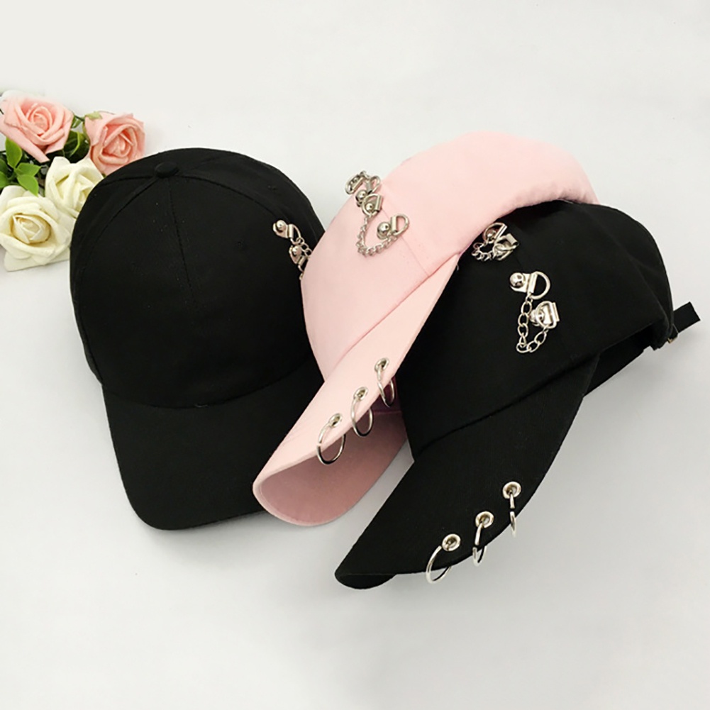 Topi Baseball Anti UV Aksen Ring Metal Gaya Hip Hop Untuk Wanita