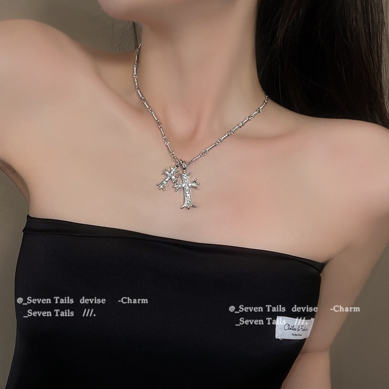 Kalung Rantai Choker Liontin Salib Y2K Hias Kristal Gaya Korea Untuk Wanita