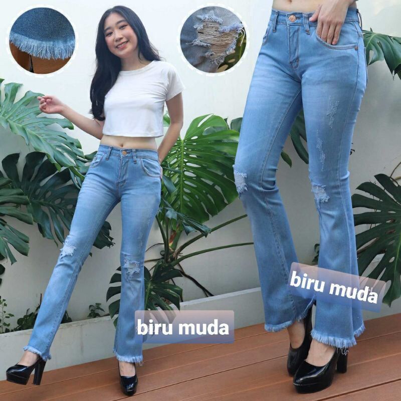 OOTD Celana Cutbray Rawis Jeans Wanita Motif Sobek tidak tembus Kekinian dan Kece Rekomendasi Influencer