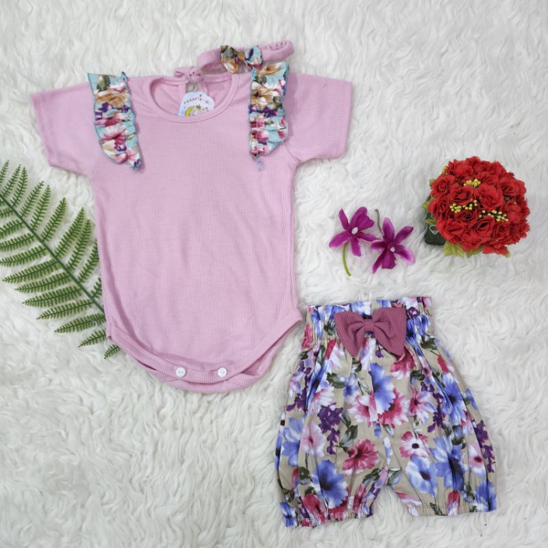 Baju bayi perempuan jumper+celana n bandana baby girl