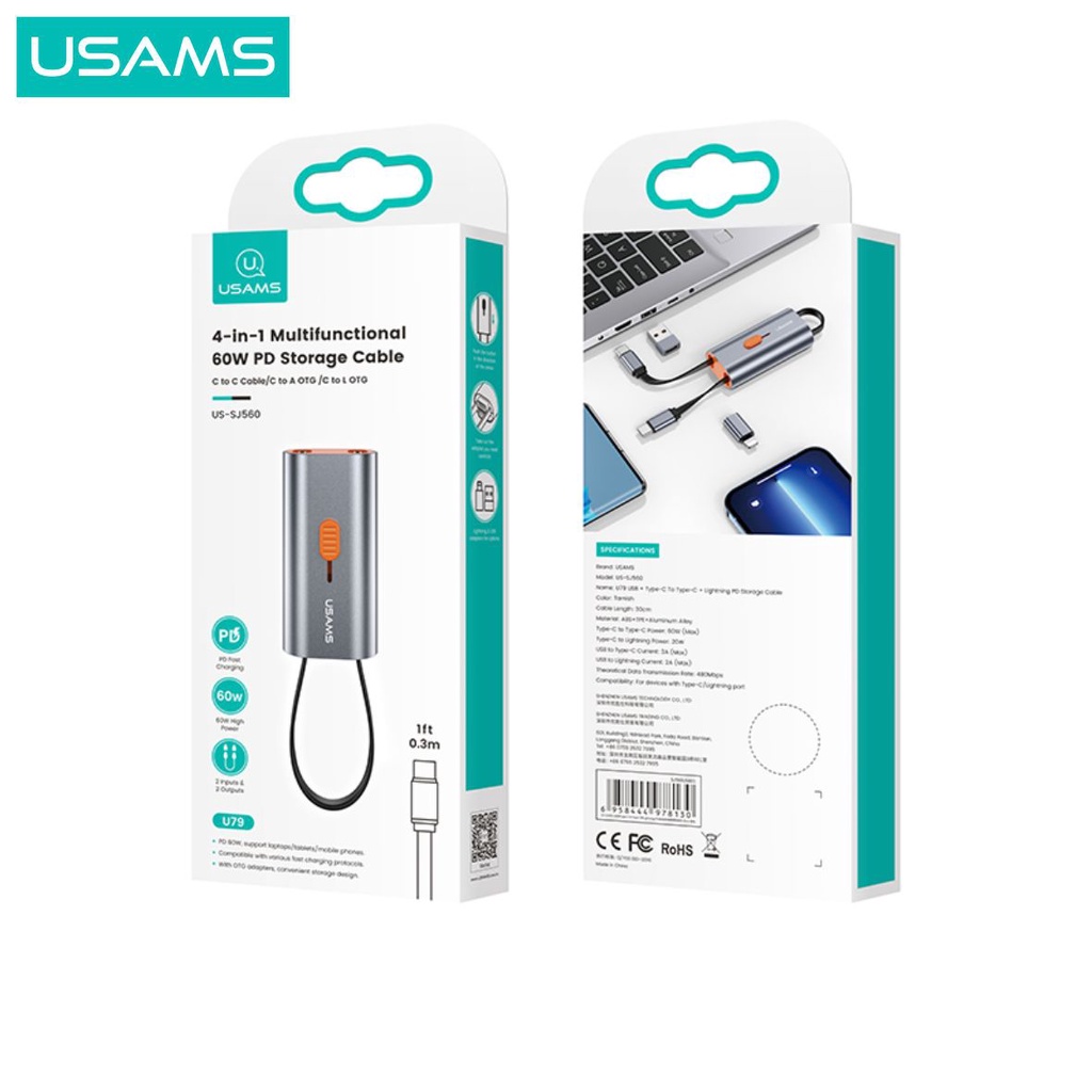 USAMS SJ560 Kabel Data 4in1 Multifunctional Storage Cable 60W PD 30cm