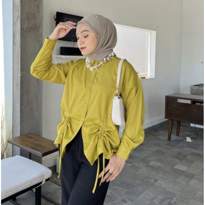 kemeja oversize serut depan atasan wanita rayon twill terbaru kekinian