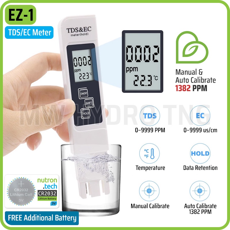 TDS &amp; EC Meter EZ-1, Alat Ukur Air / Nutrisi Hidroponik, Auto Calibration