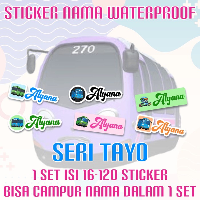 

[14-120 pcs] Sticker Nama Custom Waterproof Tayo