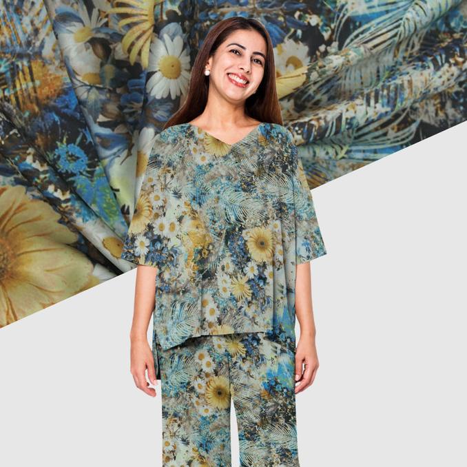 Silky Strech Motif Sunflower (YELLOW BLUE) (Alta Moda)*