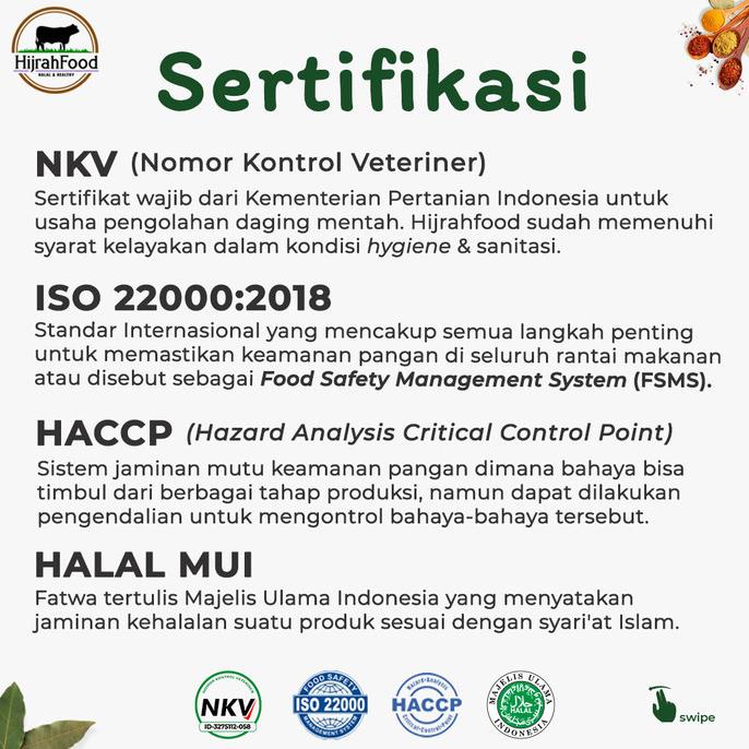 

Sertifikasi Hijrahfood Meatshop : NKV - Halal MUI - ISO 22000:2018