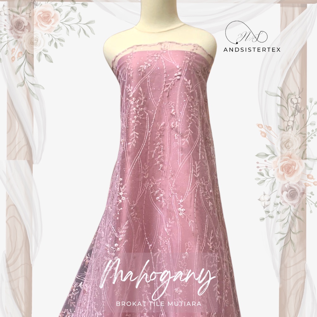 Bahan Kebaya Brokat Akar Tile Mutiara Mahogany Glitter Warna Rose Gold