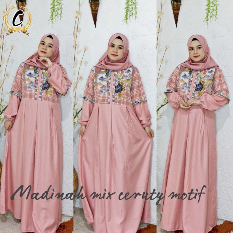 Dress gamis wanita muslimah model terbaru remaja dan dewasa busui  bahan katun Madinah premium polos kombinasi ceruty motif