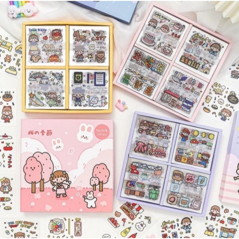 

100 lembar deco sticker box pvc / 100 lembar deco sticker box cute