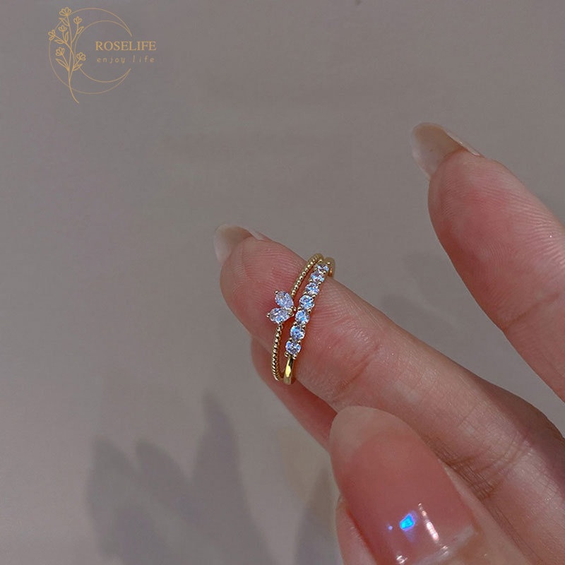 Roselife Cincin Model Terbuka Lapis Emas 14K Desain Hati Hias Kristal Zircon Gaya Korea Untuk Wanita