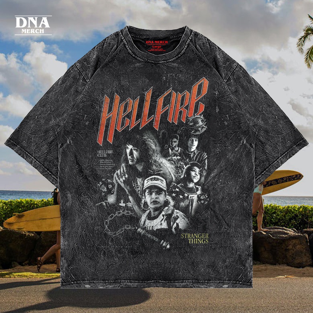 Kaos Stranger Things-Hellfire Vintage Oversized Washed Tshirt