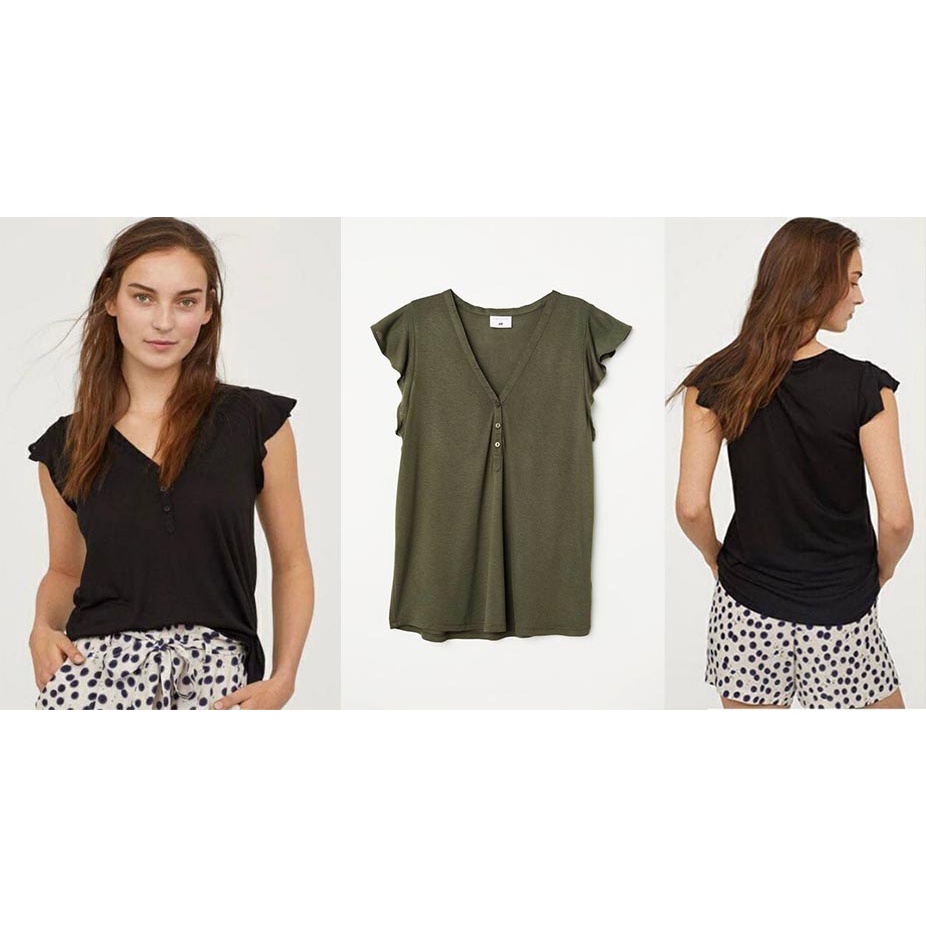 H&amp;m Flounced Sleeve Shirt | Kaos Wanita Lengan Berlipat