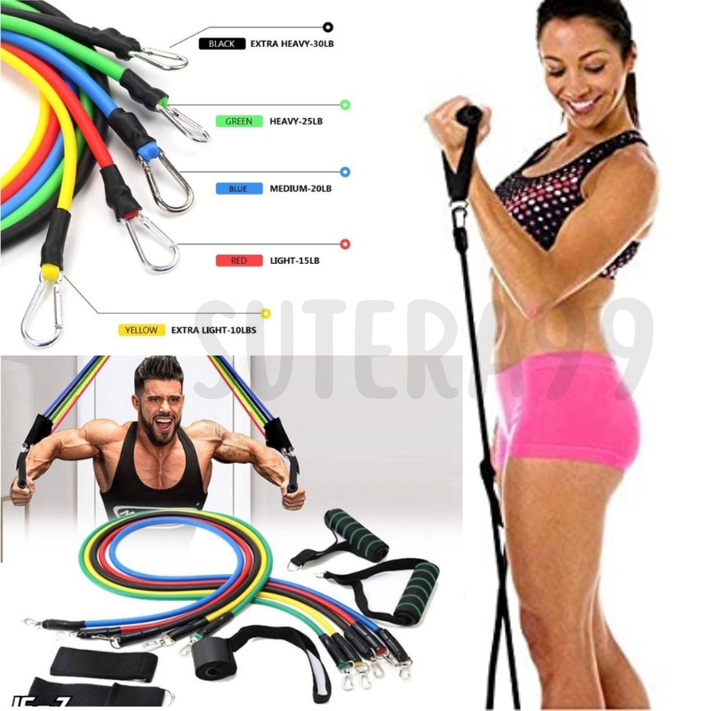 TURUN HARGA Perlengkapan Olahraga JS-7 Resistance Bands 11 in 1 Set Tali Pembantu Resistance Tube Elastic Fitness Gym Resistance Bands 11 in 1 Set Tali Pembantu Fitness