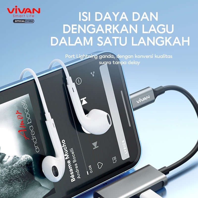 VIVAN Converter VAL01/VAL02 Splitter Lightning to Jack Audio AUX 3.5 mm + Lightning Charghing Call Open Mic - Garansi 1 Tahun