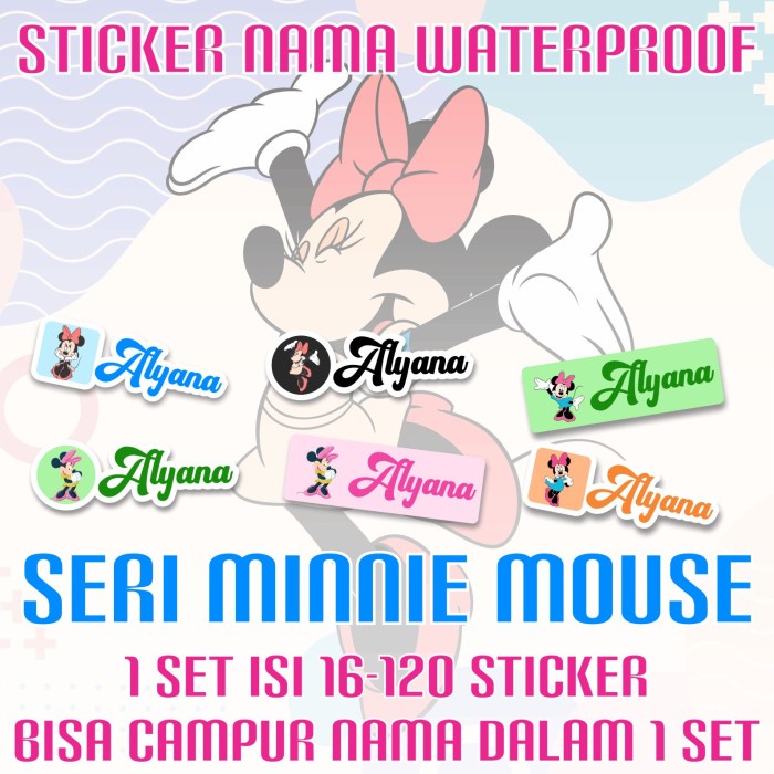 

[14-120 pcs] Sticker Nama Custom Minnie Mouse