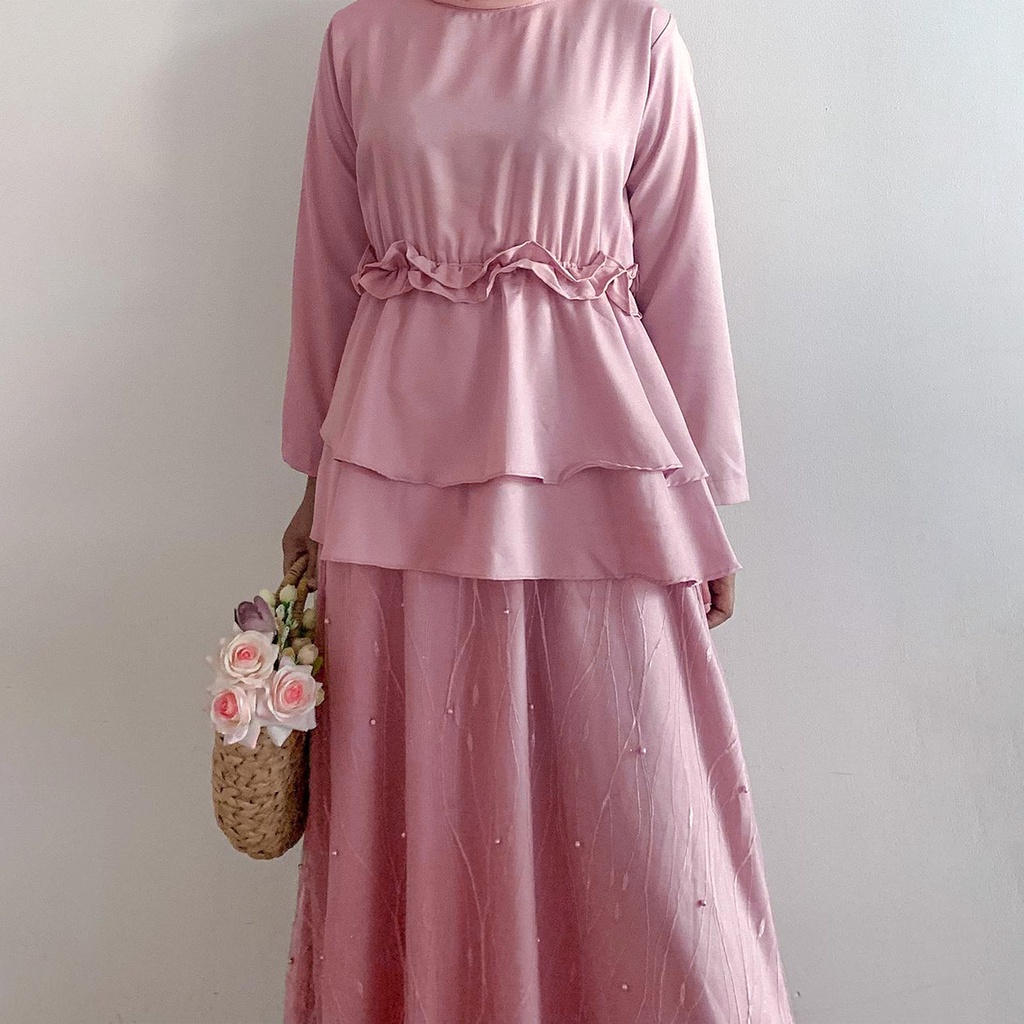Gamis Pesta Modern Ghania Maxi Dress Kondangan Terbaru - Dress Brukat Tile Mutiara - Long Dress Pesta - Gamis Muslim Remaja Kekinian