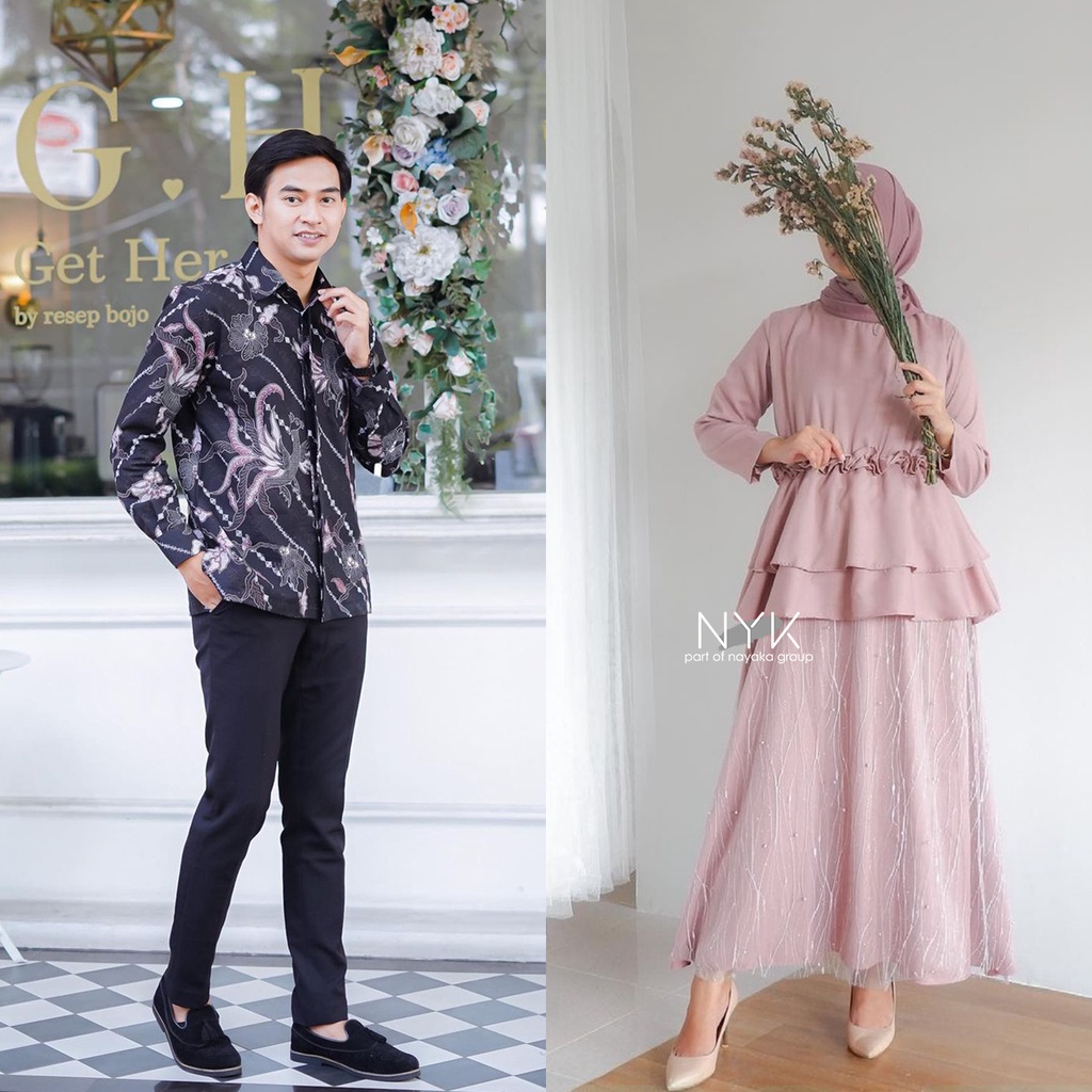 NEW ARRIVAL - Baju Couple Muslim Ghania Tile Mutiara / Couple Gamis Brukat / Dress Kondangan Pesta Modern / Baju Wisuda Kekinian / Couple Maxi Dress Bridesmaid