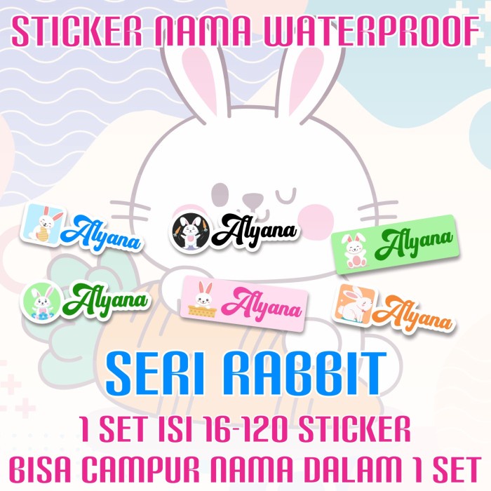 

[14-120 pcs] Sticker Nama Custom Waterproof Rabbit Kelinci Imut
