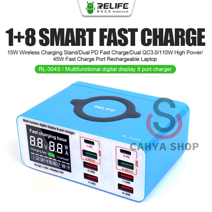 RELIFE RL-304S AC100 240V 8 Port USB Fast Charger Support QC3.0PD Wireless Charging for iPhone Samsung Huawei Phone Repair Tool