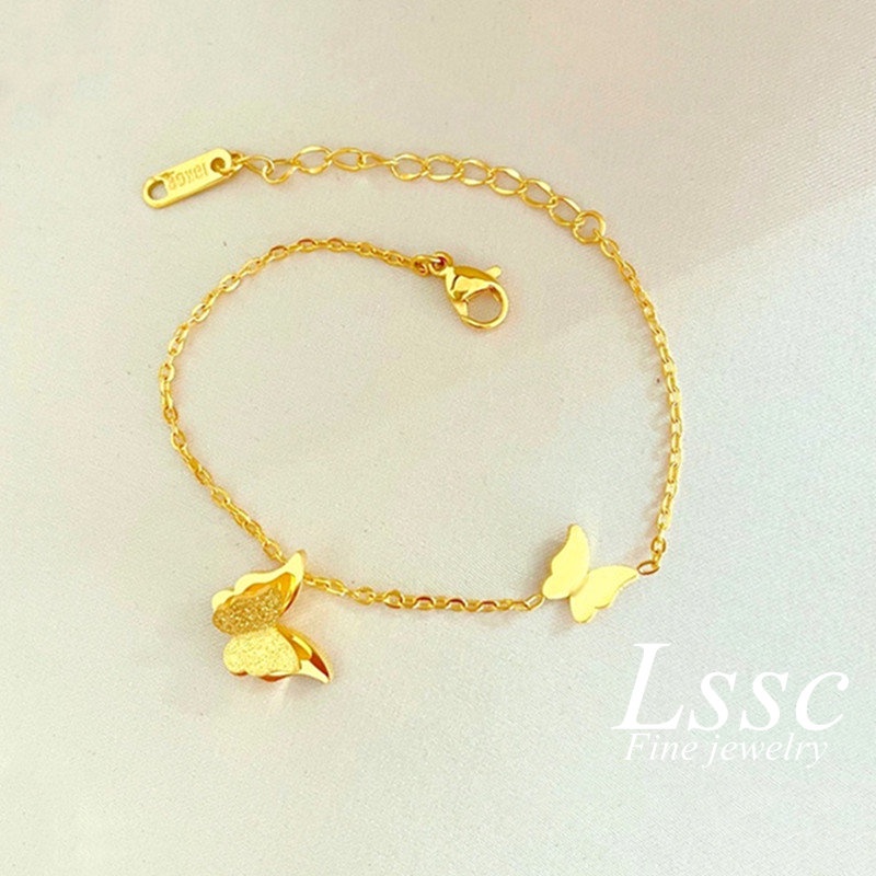 Gelang Titanium Asli Wanita Anti Karat Lapis Emas 18k Keberuntungan Perhiasan Korea