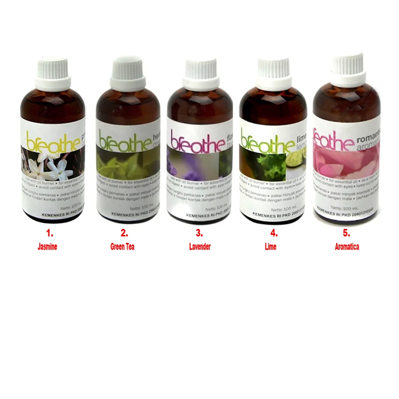 Breathe Aromatherapy Oil Refill 100ml Minyak Aromaterapi Untuk Tungku Bakar Aroma Terapi Untuk Wangi Keharuman dan Kesegaran Dalam Ruangan Aroma Jasmine Lime Green Tea Lavender Aromatica Breat Breth 100 ml