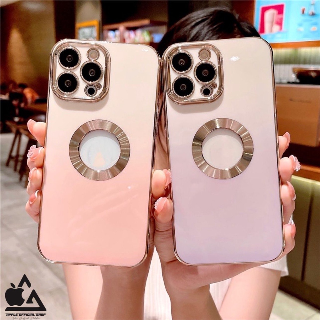 Premium Softcase Candy Gradasi Chrome LOGO BULAT iPhone 13 PRO MAX 12 PRO MAX 11 PRO MAX XR X XS MAX 7 7+ 8 8+ SE 2 3 With Lens Lensa Glass Camera Protector Soft Case Logo Apple List Krom Gold Electroplated Pelindung Kamera Silikon Jelly Clear Cover Bukan