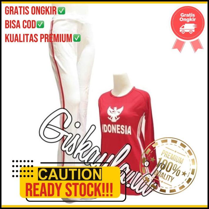 Setelan Senam Panjang Baju Senam Celana Senam Putih Merah Garuda Pjg