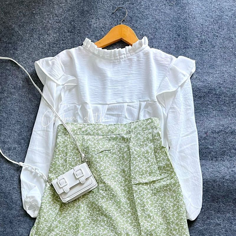 ONE SET PETTERN SKIRT FLORAL SKIRT (Cirebon Cloth)-Rok matcha blus puti