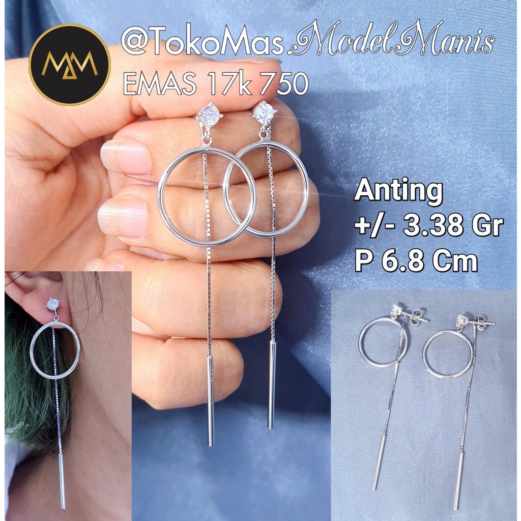 Anting Tusuk solitaire panjang UBS emas putih 750 kadar 17k