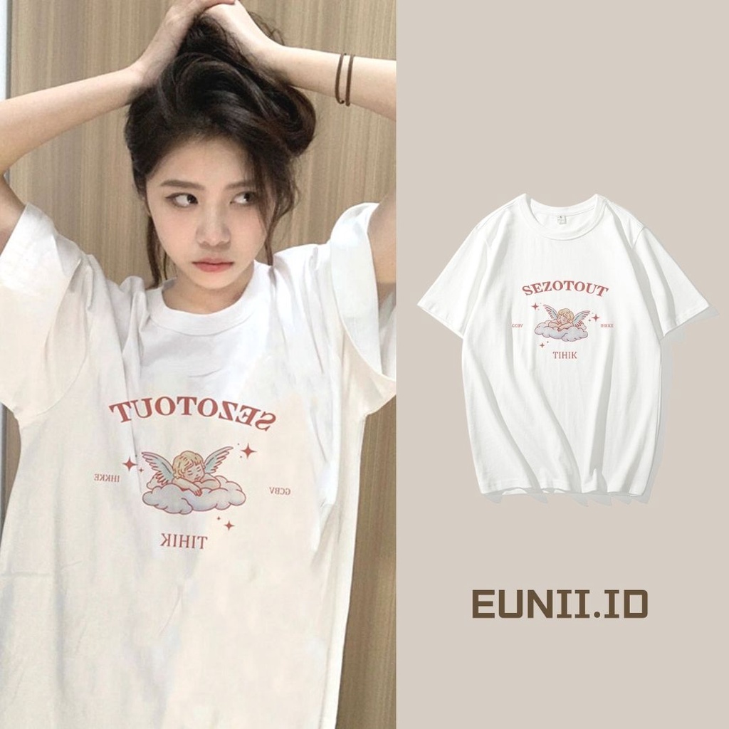 EUNII T-shirt Lengan Pendek imut Kartun malaikat kecil Pencetakan Longgar Korean Style/Kaos Atasan Wanita/Baju Kaus Oversize Wanita