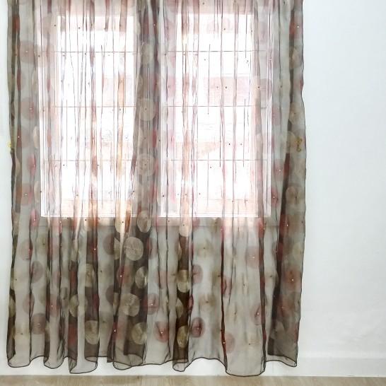 Vitrase, u/ gorden jendela D# retro coklat bordir bulat (ada cacat)