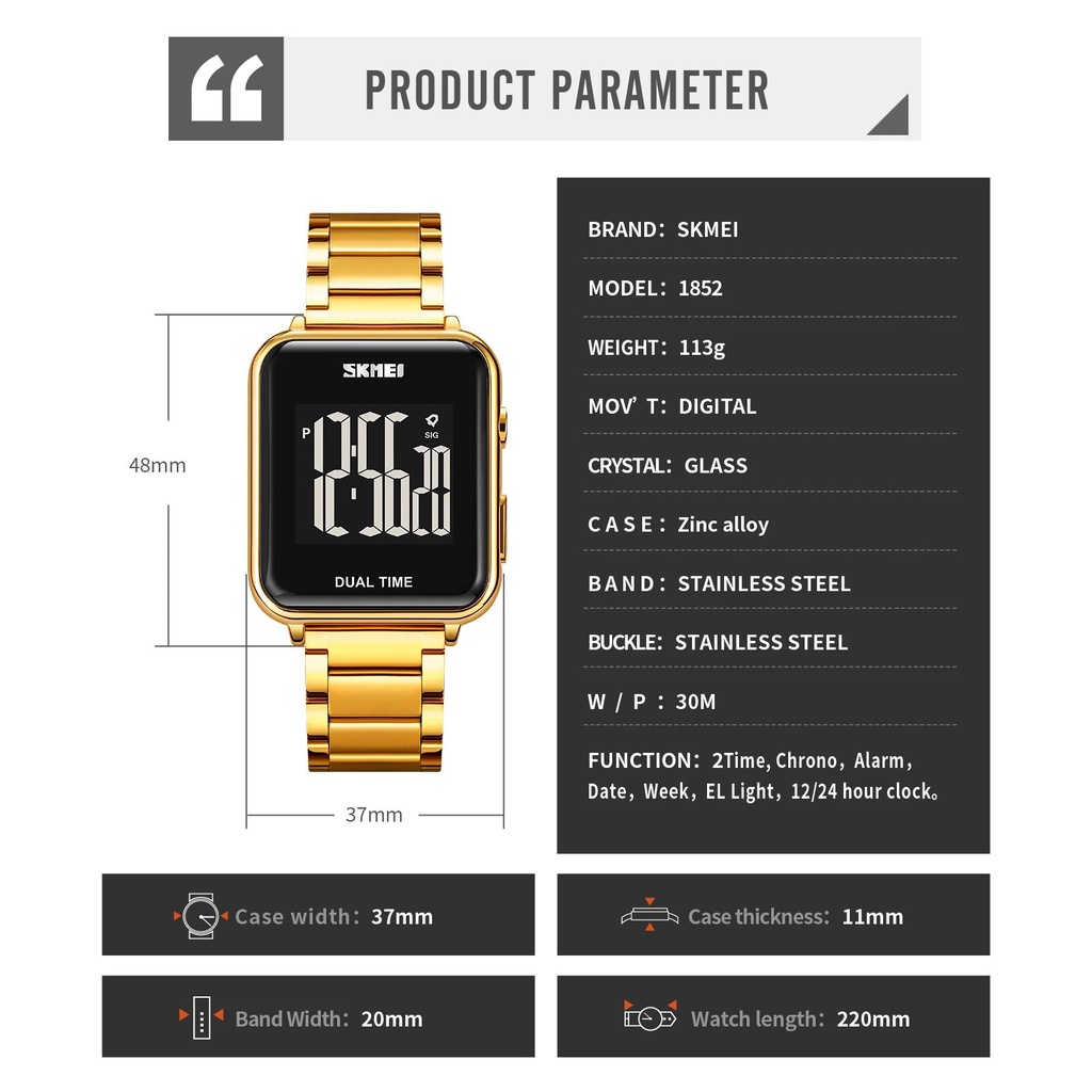 SKMEI 1852 Jam Tangan Pria Digital Sport Watch Dual Time Tali Stainless WATCHKITE WKOS